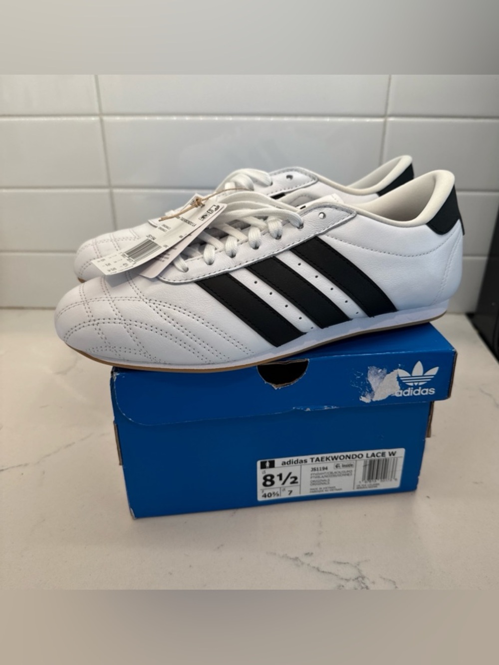 New Adidas Women’s Taekwondo Lace Sneakers - White/Black Leather Gum Bottom shoe